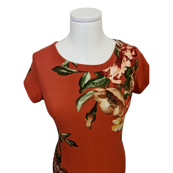 Cleo Red Floral T Shirt Dress Soft Summer Stretch Bodycon Cottage Size M - Picture 3 of 9